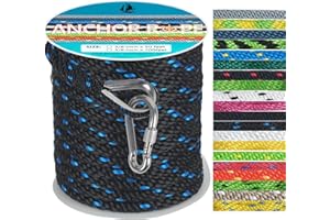 DEDU 3/8 Inch 50 FT Anchor Rope, Boat Anchor Rope Solid Braid MFP, Anchor Line with 316 Stainless Steel Thimble and Snap Hook - Black & Lake Blue