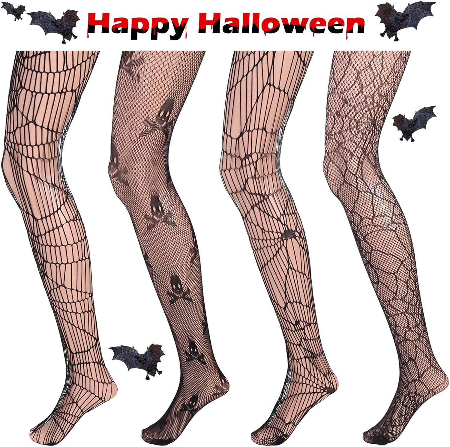 4 Pairs Women Halloween Fishnet Pantyhose Spider Web Pattern Tight Mesh High Stockings, 4 Styles: Clothing