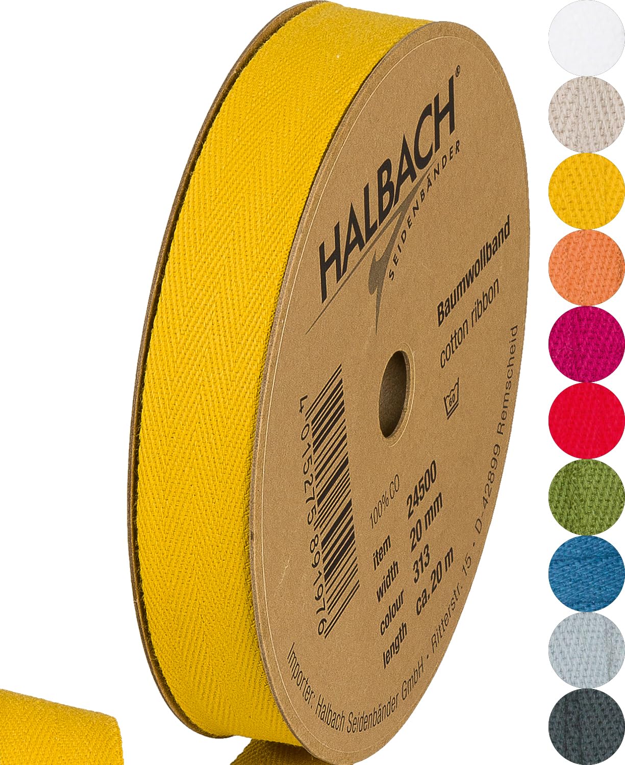 Halbach Seidenbänder Cotton Tape 20 mm x 20 m, Tapes for Crafts Sold by The Metre, Fabric Tape for Decorations, Woven Tape 100% Cotton for DIY Crafts, Bias Binding for Sewing, Colour: Honey Yellow