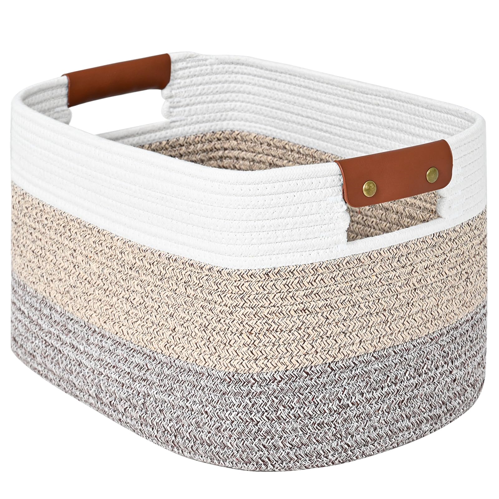 Cotton Rope Storage Basket Woven Shelf Storage Bin with Detachable Leather Handles, Decorative Closet Shelf Woven Basket (Gradient Brown 1PACK)