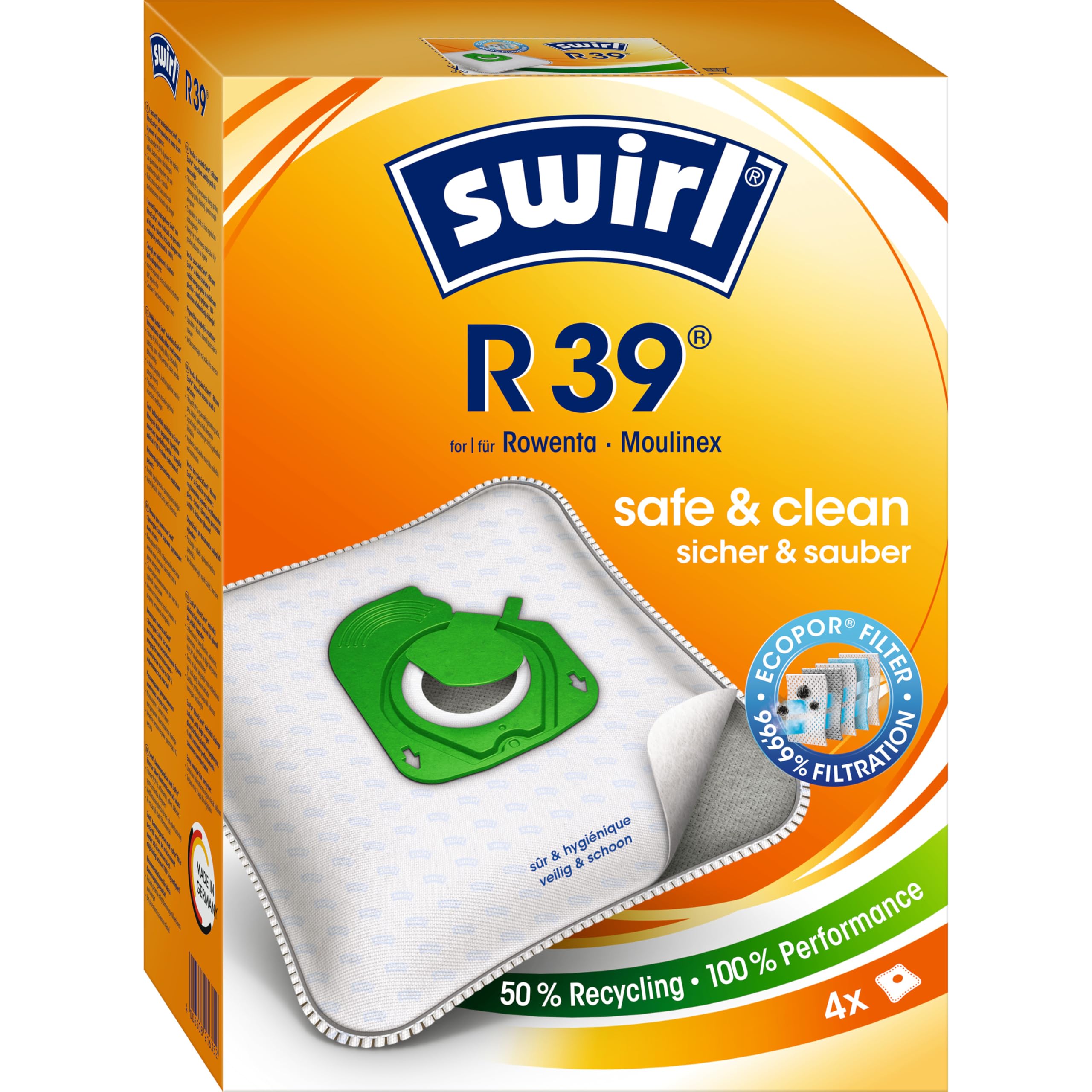Swirl Fleece Vacuum Cleaner Bags R 39 - for Rowenta and Moulinex Vacuum Cleaners Pack of 4