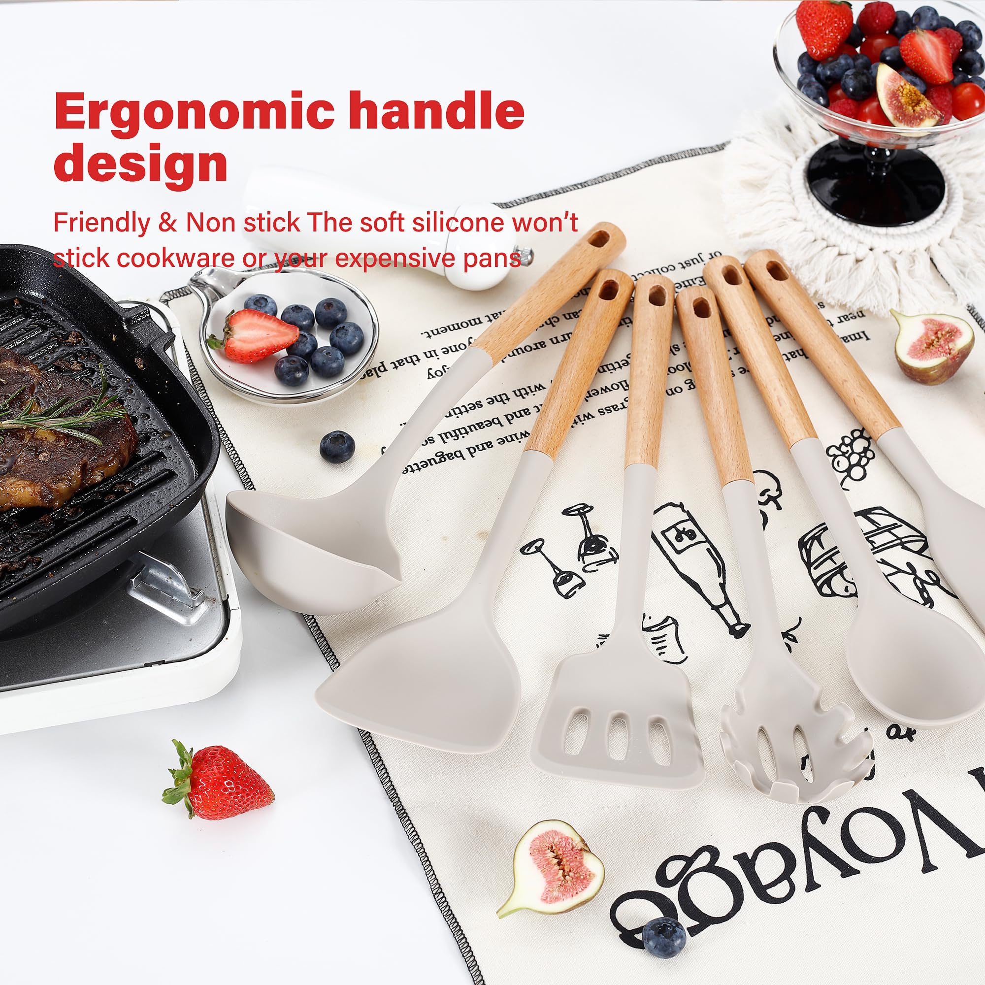 Kitchen Utensils Set, Large Non-stick Silicone Cooking Utensils Set 6 Pcs, Wooden Handle Heat Resistance Silicone Spatula Soup Ladle Pasta Server Kitchen Gadgets Utensils Set BPA Free (Khaki)