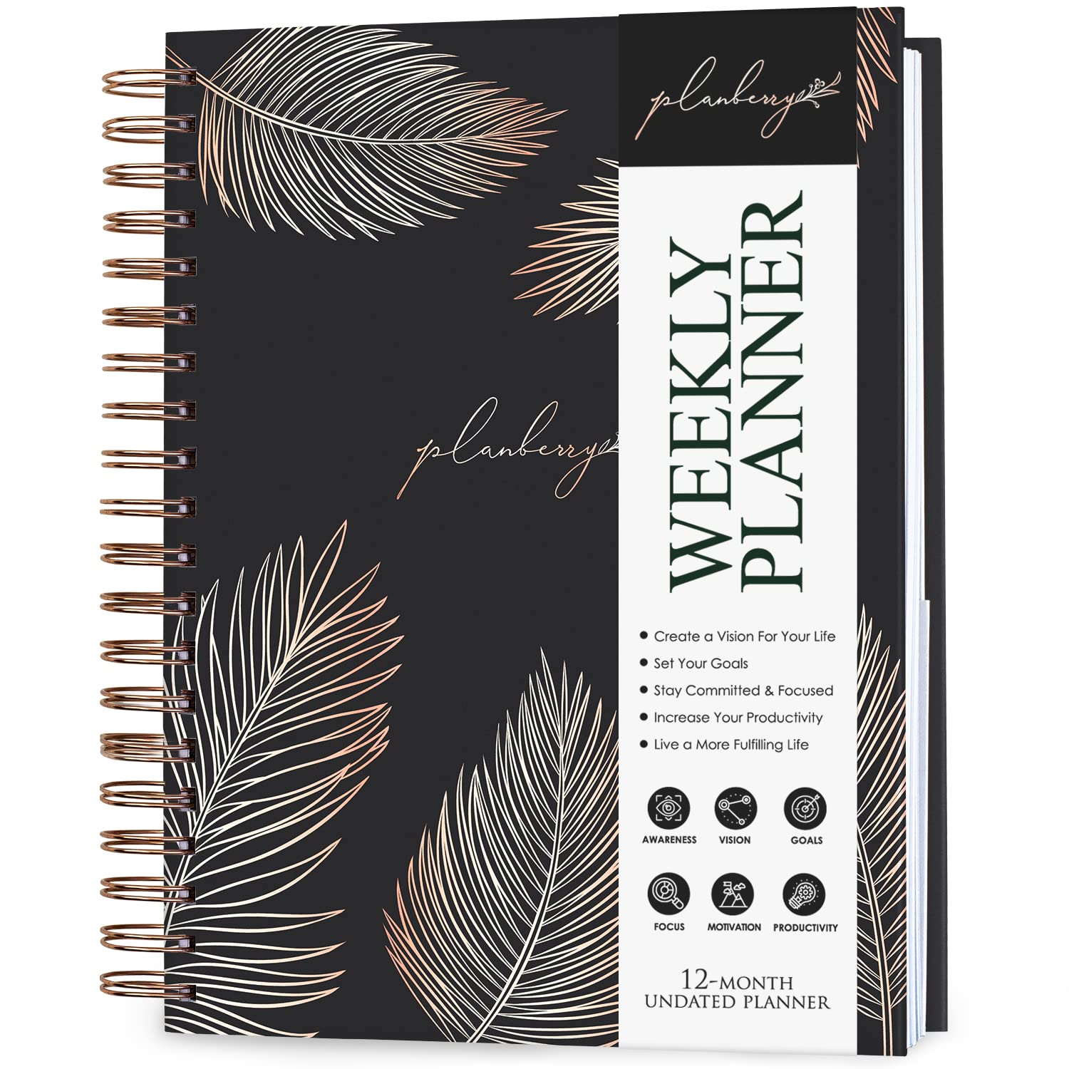 PLANBERRY Weekly Planner Large – Elegant Life & Budget Planner to Hit Your Goals & Live Happier - Organizer & Productivity Journal - 20x27cm Hardcover, Undated + Stickers (Onyx Black)