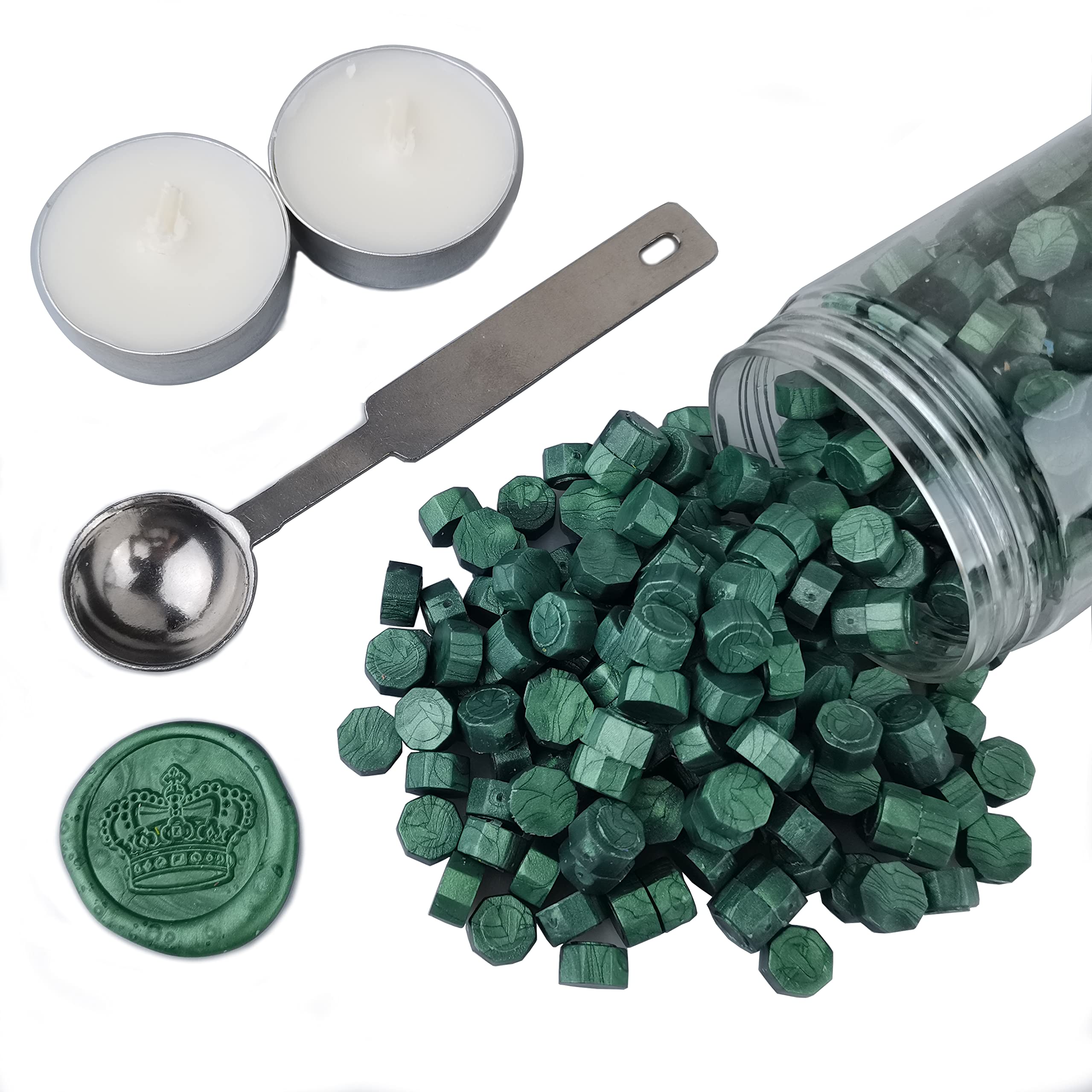 Sealing Wax Beads, AMTOL 300 Pcs Wax Sealing Beads with 2 Pcs White Candles and 1 Pcs Wax Melting Spoon, Great for Wedding Invitations,Cards Envelopes, Gift Wrapping (Pine Green)
