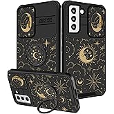 Funermei for Samsung Galaxy S22 Case - Women Girls Cute Cover Sun Moon Girly Pretty Stars Aesthetic Black Unique Design with Camera Cover Ring Stand Funda for Galaxy S22 Phone Cases