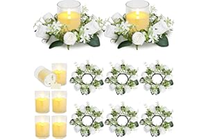 YMDOBIGER 6 Sets Candle Rings Wreaths - 3 Inch Rose Flower Wreath with LED Flameless Candles Eucalyptus Holder Wreaths for Wedding Table Centerpiece Home Decorations, White