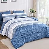 Drucon 7 Piece Striped Comforter Set Queen Size Light Blue Bed in a Bag, Soft Microfiber Complete Bedding Set with Sheets for All Season