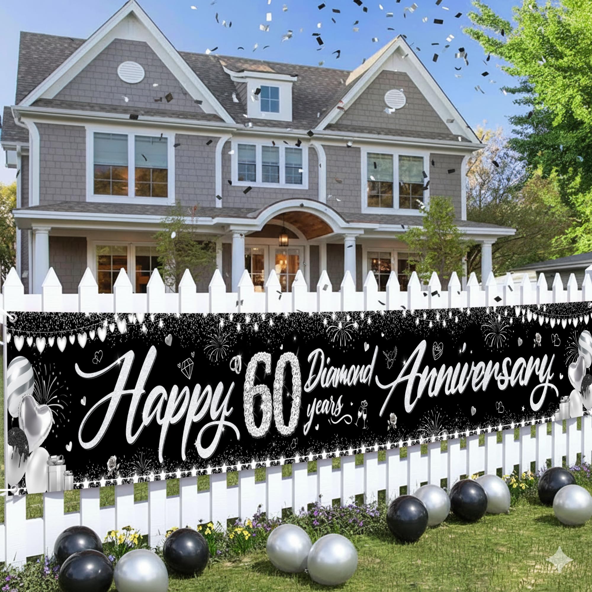 60th Wedding Anniversary Decorations Banner - Black Silver Happy Diamond 60th Anniversary Yard Banners, Glitter Backdrop Party Supplies for Couples(37x274cm/14.5x107.8in)