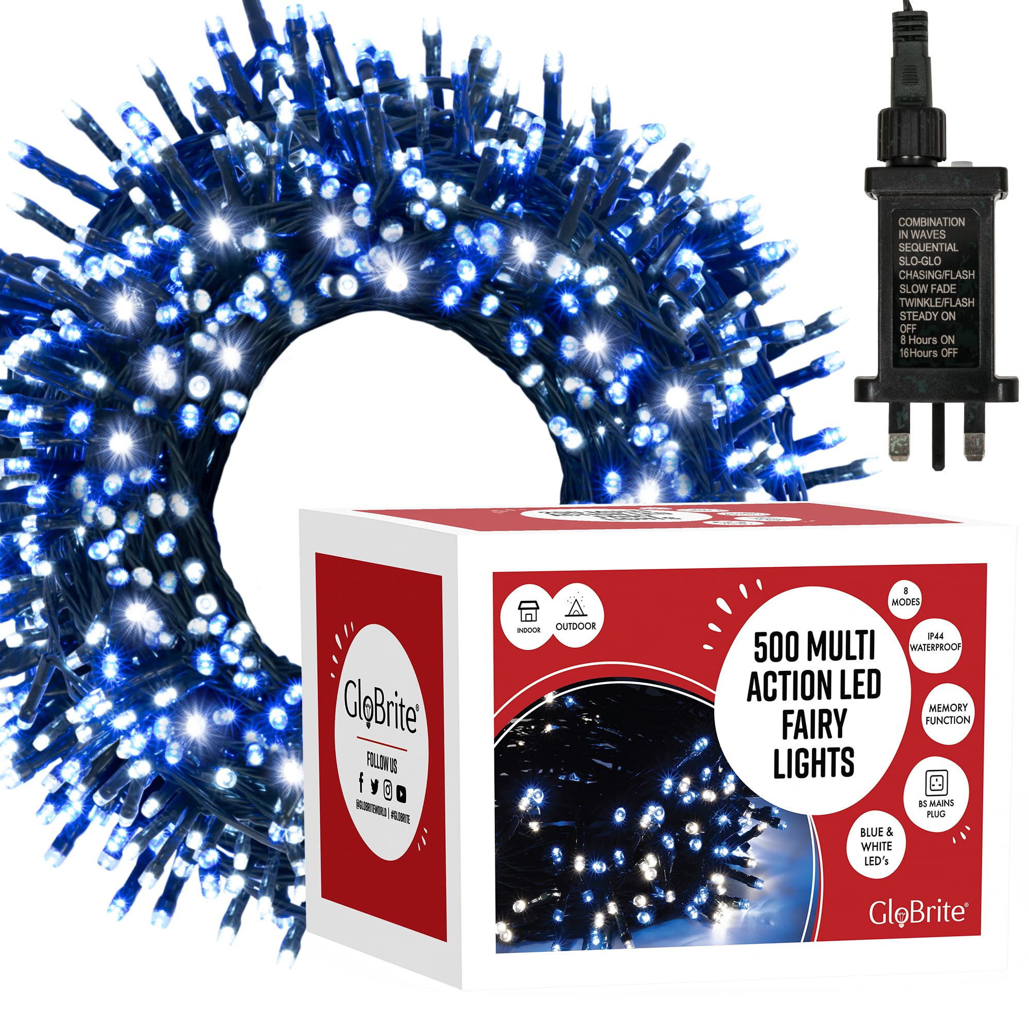 GloBrite 500 LED Fairy Lights - Versatile Christmas Lights with 8 Modes, Outdoor Fairy Lights, Christmas Tree Lights and Christmas Decorations - Waterproof Christmas Lights Outdoor - Blue/White