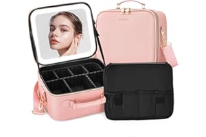 ZhenGuiRu Makeup Bag with LED Mirror, Portable Makeup Artist Organizer Case with Lighted Mirror, Travel Makeup Bag for Cosmetic Brush Holder Storage, Black Makeup Case for Women Gift