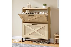 Captain Winters Shoe Cabinet with 2 Flip Drawers On Clearance - Shoe Organizer for entryway with Metal Legs - Narrow Storage Cabinet for Shoe Storage,Rustic Oak Rattan Wood Grain