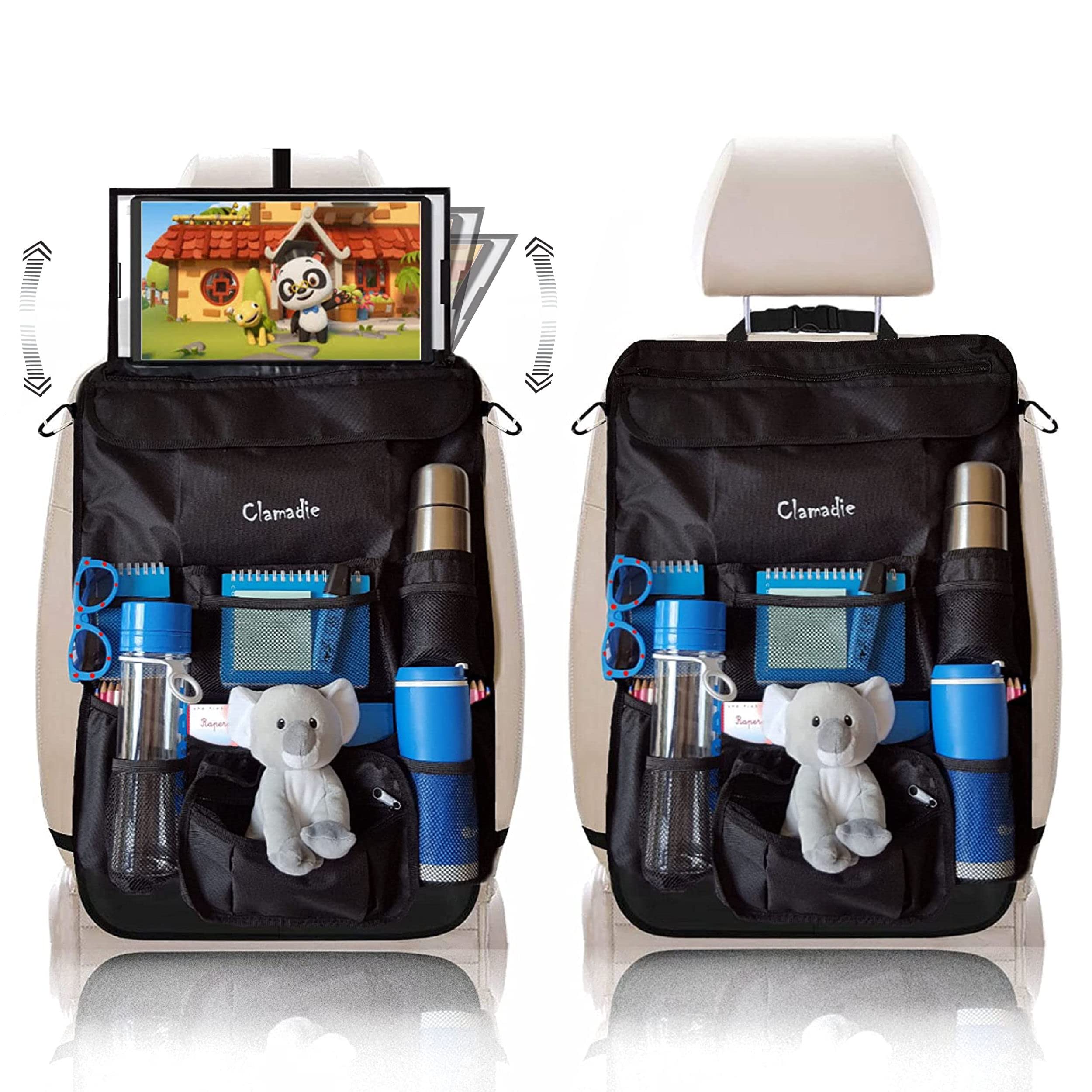 Clamadie Car Organisers 4x1 ,Car Back Seat Organiser,Car Tablet Holder,Waterproof Backseat Cover,Kids Kick Mats,Seat Back Protectors with 12" iPad Holder Adjustable, Car Accessories Titolo