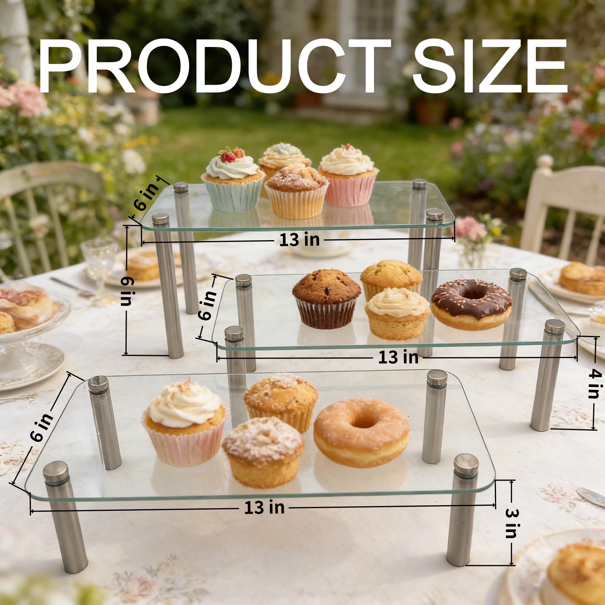 FESTLOVE 6 Pack Tempered Glass Display Stands Set, 13 Inch Rectangular Cake Cupcake Stand Dessert Display Riser Serving Platter Plate for Decoration Table Party Wedding Baby Shower