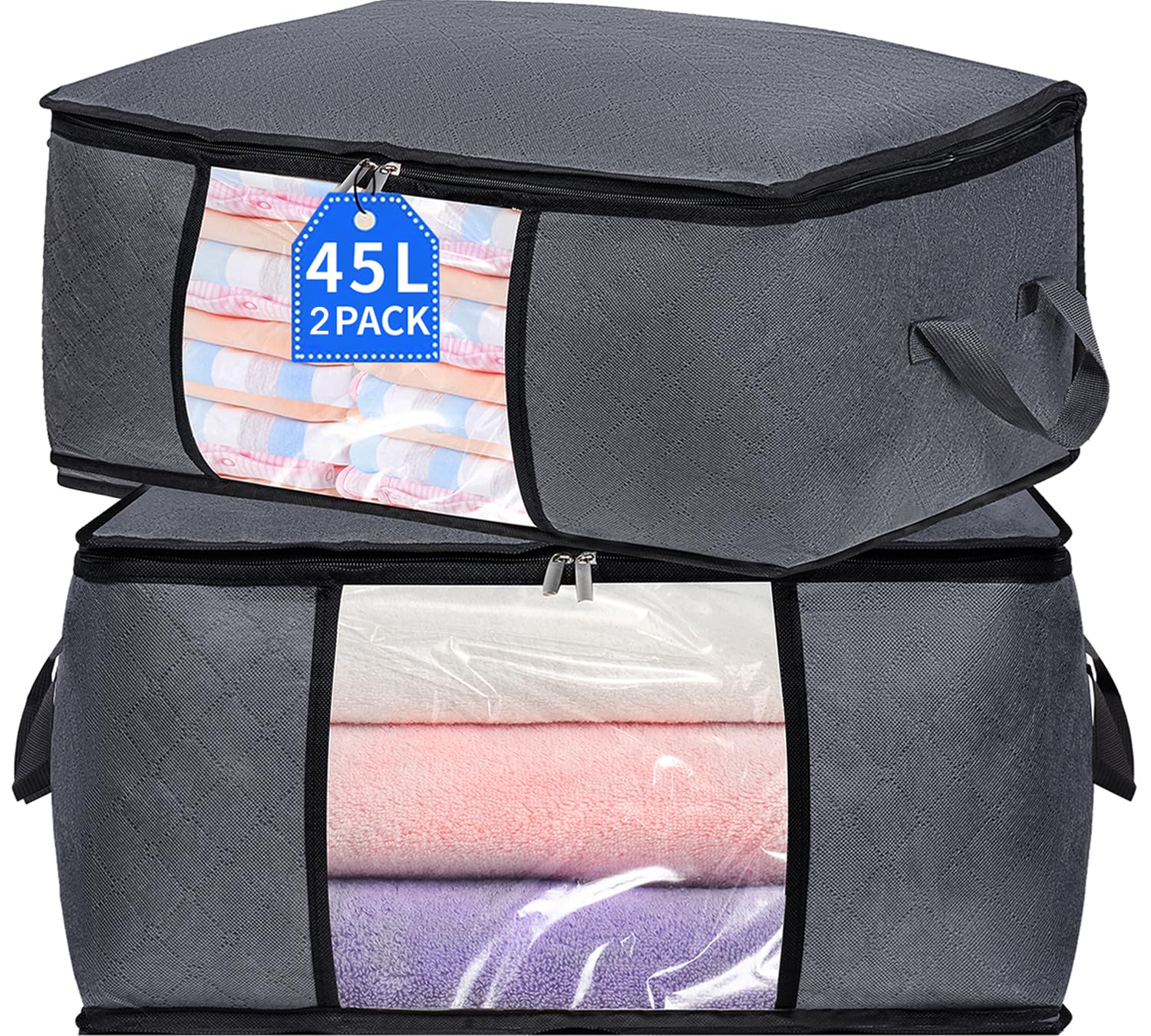 Photo 1 of 2 Pack Clothes Organizer Storage Bags with Zipper, 45L Foldable Blanket Storage Box with Clear Window Sturdy Handles for Closet, Dorm, Pillows, Bedding, Sweater, Clothing, Gray