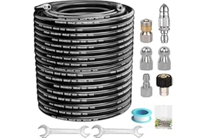 Heliwoo Sewer Jetter Kit 100FT for Pressure Washer Jet Drain Cleaner Hose 1/4 Inch NPT with Rotating and Button Nose Sewer Jetting Nozzles Kit 4000 PSI