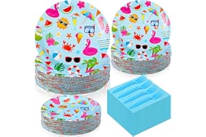 Havawish 240 Pcs Summer Hawaii Paper Tableware Napkins Beach Party Supplies 9'' Disposable Plates 7'' Paper Snack Plates for Kids Birthday Beach Party Decorations, Serves 60(Blue,Pool)