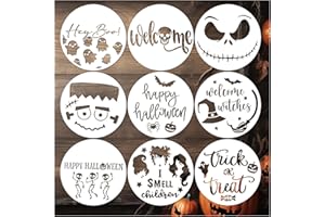 MYJMN Halloween Stencils for Painting on Wood, Round Reusable Large Happy Halloween Hey Boo Trick or Treat Witch Stencils for Porch Sign Walls Door Hanger Sign DIY Ornament Crafts(9 Hey Boo)