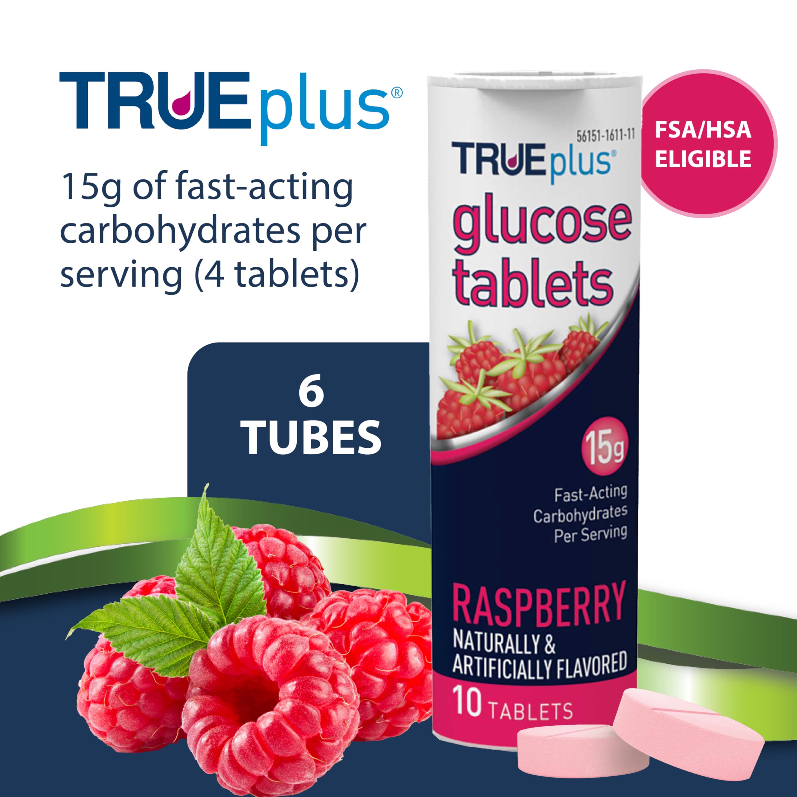 TRUEplus Glucose Tablets, Chewable, Raspberry Flavor, 15g Fast-Acting Carbohydrates, Fat Free, Gluten Free, Raise Low Blood Sugar and Boost Energy, 10 Count, 6 Tubes