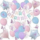 LBKKC Pastel Birthday Decorations, Rainbow Happy Birthday Banner for Girls, Glitter Hanging Streamers with Butterfly, Colorful Pastel Birthdays Banners with Balloons for Party Decoration