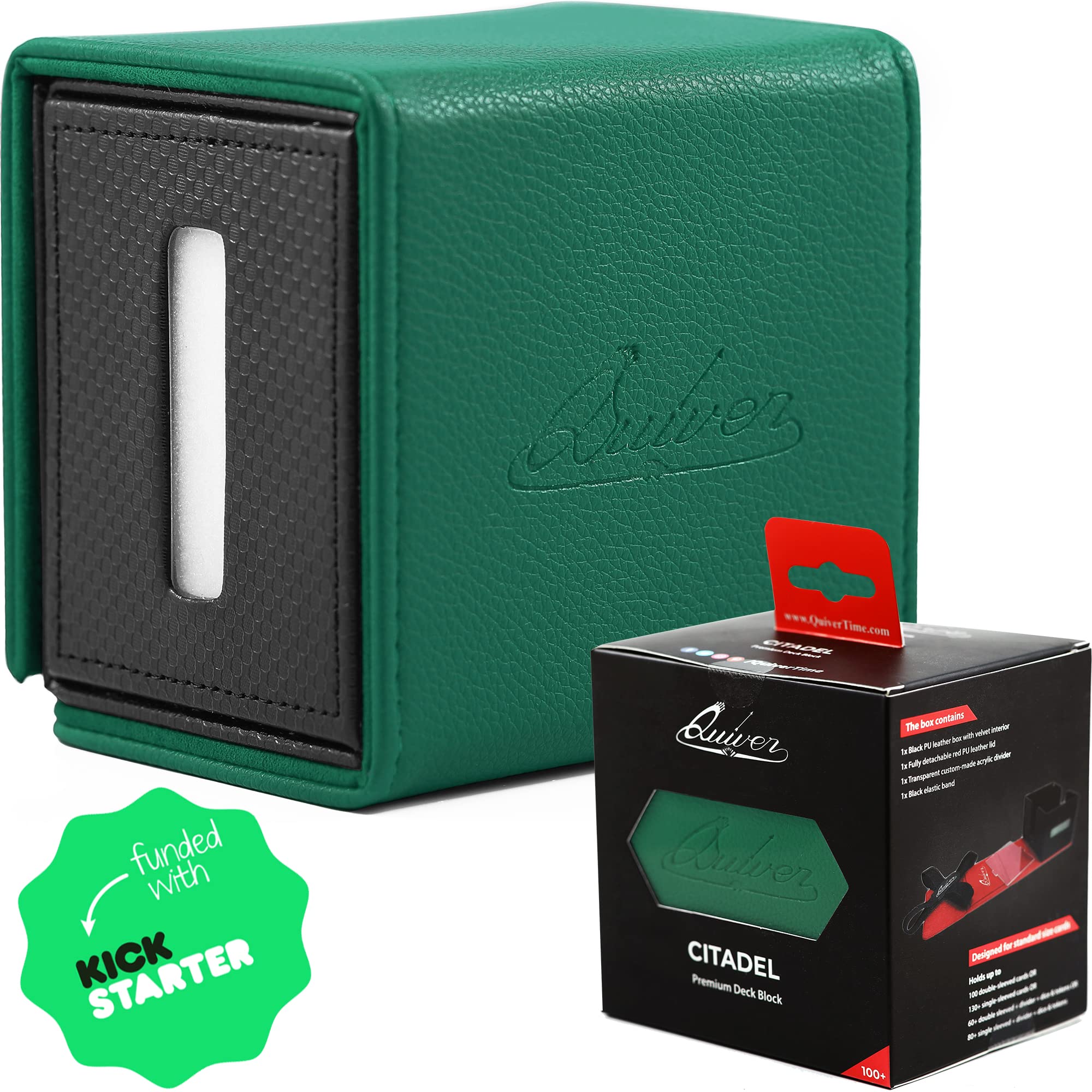 Quiver Time Citadel Deck Block Green - 100+ Card Storage Box for Cards, Dice and Tokens, Custom Divider - Compatible with Commander MTG, Pokémon and other TCG games.