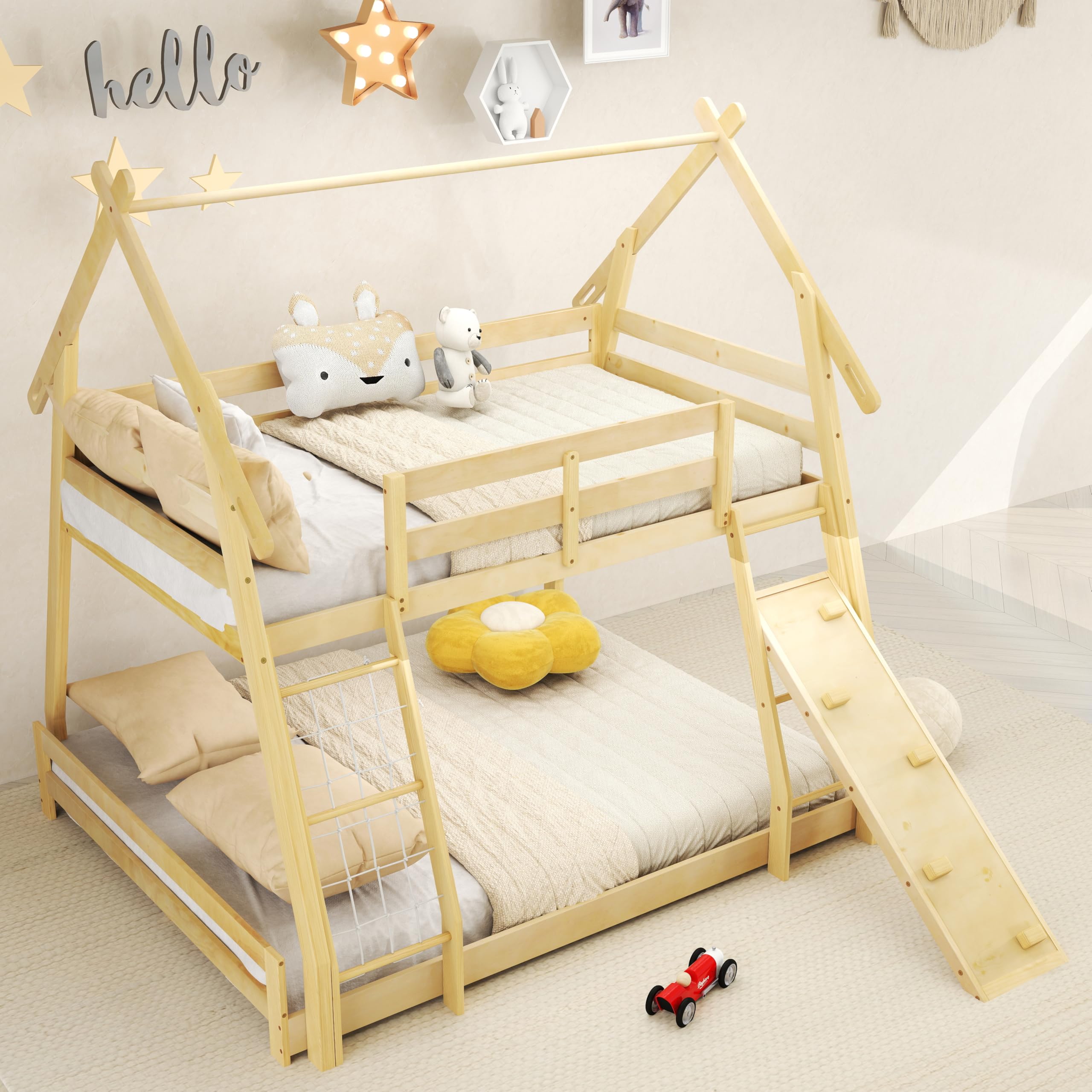 Photo 1 of ************INCOMPLETE ITEM, THIS IS ONLY BOX #1 OUT OF 2 TOTAL*****************
GORELAX Twin Over Queen Bunk Bed, Wood House Bunk Bed Frame with Climbing Nets & Climbing Ramp, Full-Length Guardrail, Low Bunk Beds for Kids, Boys, Girls (Natural)