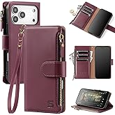 Shieldtop Compatible with iPhone 17 Pro Wallet Case with Card Holder,Women Men RFID Blocking PU Leather Flip Cover Wrist Strap Zipper Credit Card Slots,Phone Case for Apple 17 Pro 6.3",Wine Red