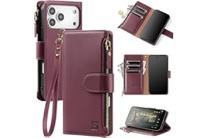 Shieldtop Compatible with iPhone 17 Pro Max Wallet Case with Card Holder,Women Men RFID Blocking PU Leather Flip Cover Wrist Strap Zipper Credit Card Slots,Phone Case for Apple 17 Pro Max,Wine Red
