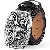 BISON DENIM Men's Western Cowboy Belt with Big Printed Engraved Buckle Strap Adjustable