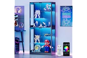 Lamtor Display Cabinet with Lights - 69" Curio Cabinet for Collectibles with Glass Door and Adjustable Shelves, 4 Tier Glass Display Case for Living Room, Black