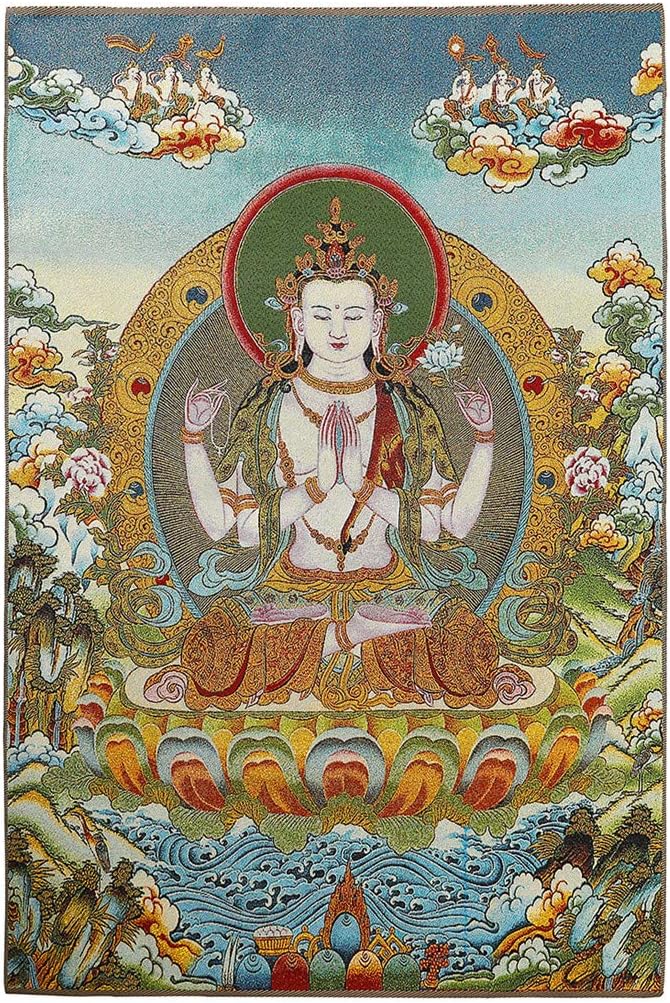 ZenBless Prime Feng Shui Silk Embroidery Tibetan Thangka with Four Arms Kwan Yin Avalokitesvara Lotus Seat Wall Hanging for Home Décor Thangka Meditation