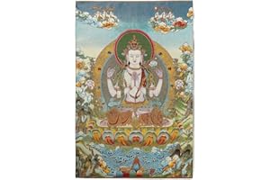 ZenBless Silk Embroidery Tibetan Thangka with Four Arms Kwan Yin Avalokitesvara Lotus Seat Wall Hanging for Home Décor Tapest