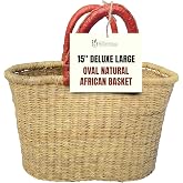 Africa Heartwood Project - Deluxe Large Oval Natural African Basket with Leather Handle - Classic Heartwood Bolga Market Basket from Women in Bolgatanga, Ghana - 15" Oval Flat-packed