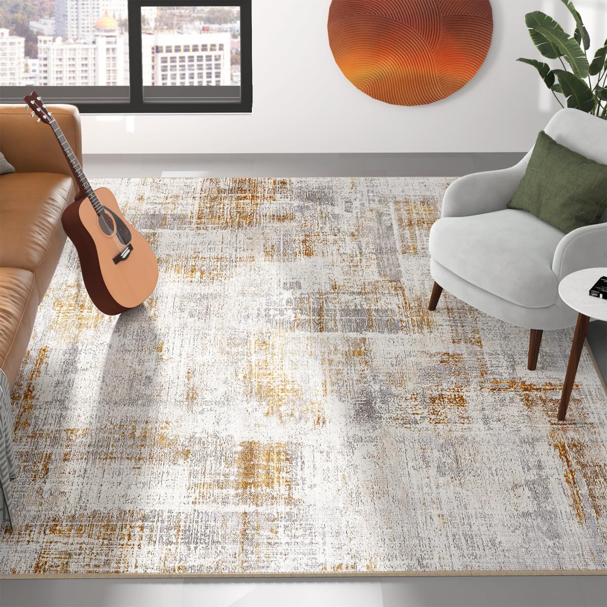 Photo 1 of Eleisa Modern Abstract 4x6 Area Rug for Living Room, Gold & Brown, Non-Slip Stain Resistant Washable Rug, Abstract Vintage Home Decor Carpet for Bedroom, Kitchen, Dining Room