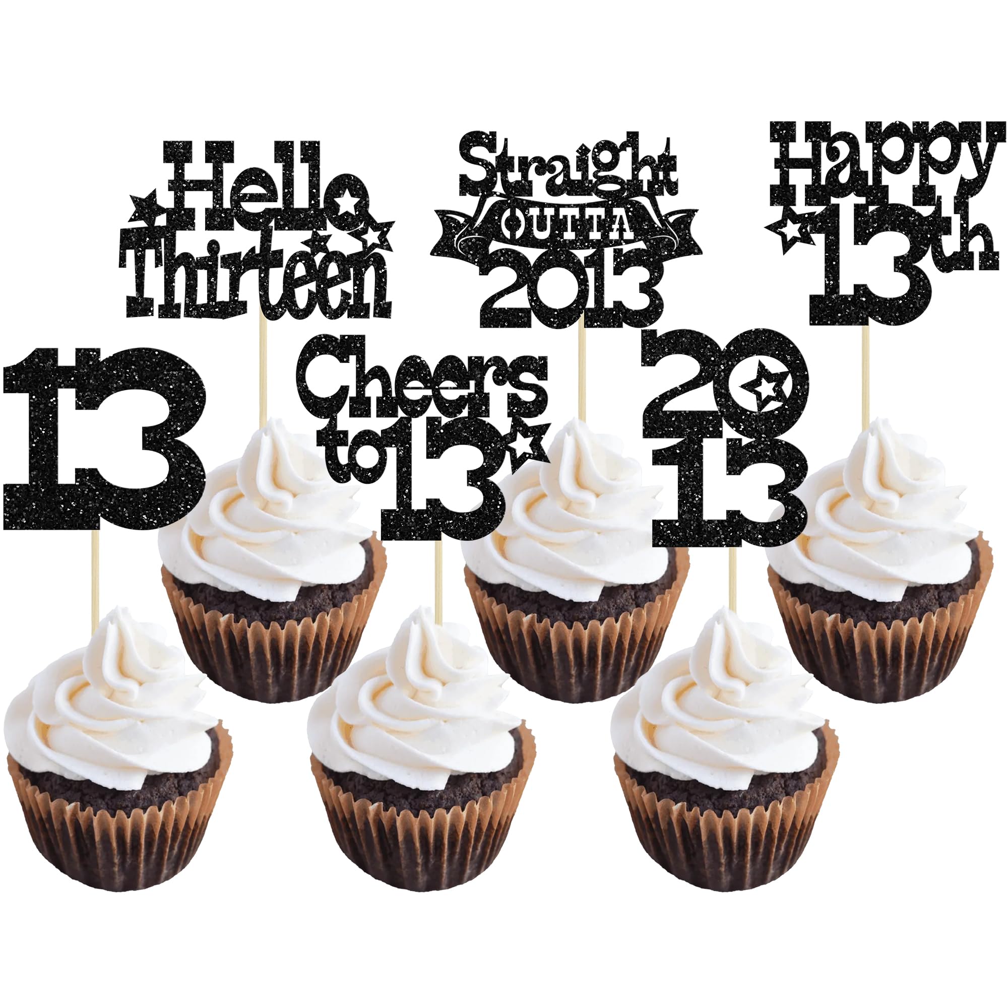 Ephlyn 30Pcs Straight Outta 2013 Cupcake Toppers Glitter Thirteen Happy 13th Birthday Cupcake Picks Cheers to 13 Years Cake Decorations for 13th Birthday Anniversary Party Supplies Black