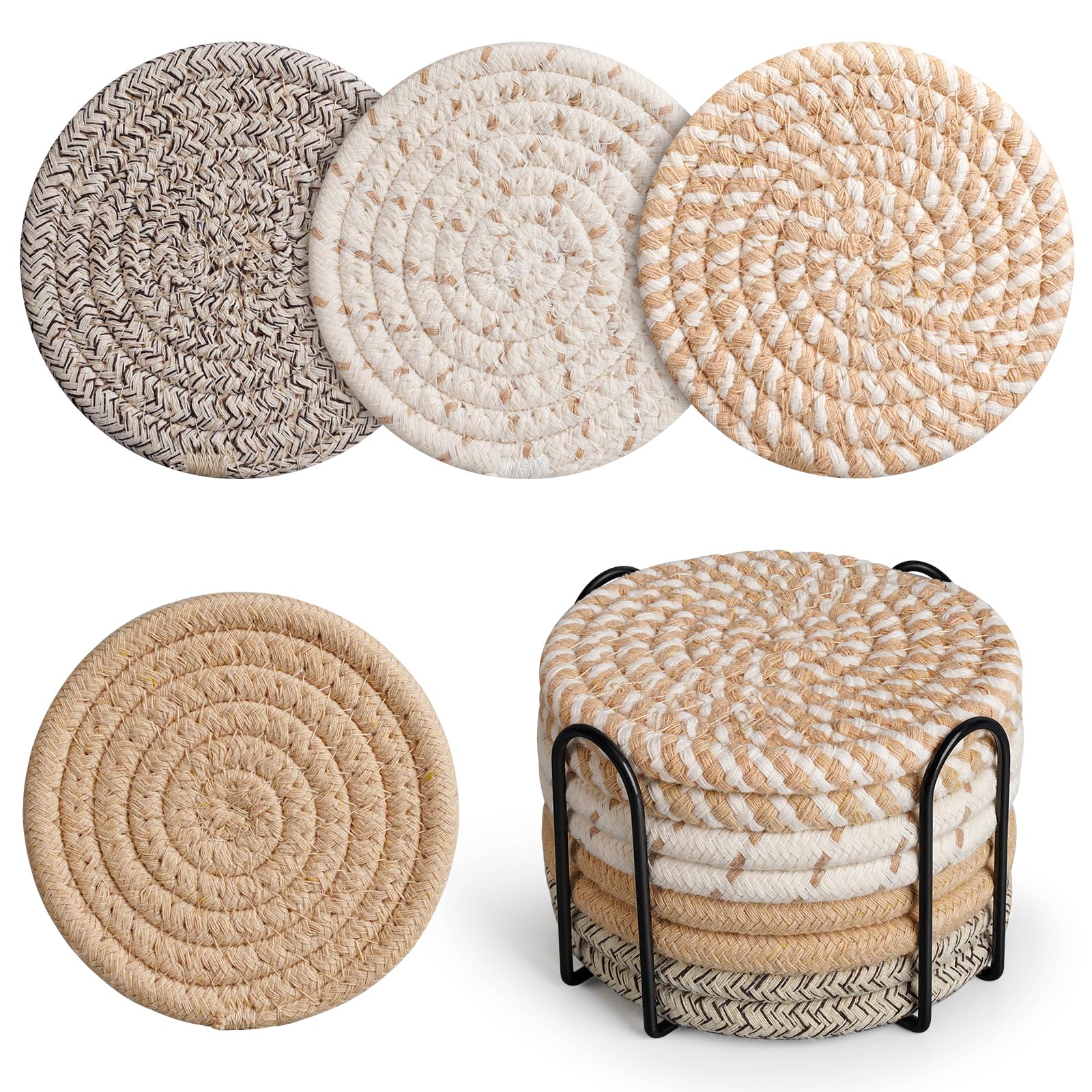 Geichan Drink Coasters with Holder, 4 Colors Absorbent Coasters, Cotton Woven Coasters Set of 8 for Table Protection, Home Decor, Glasses, Cups, Bar, Housewarming Gift — image 1