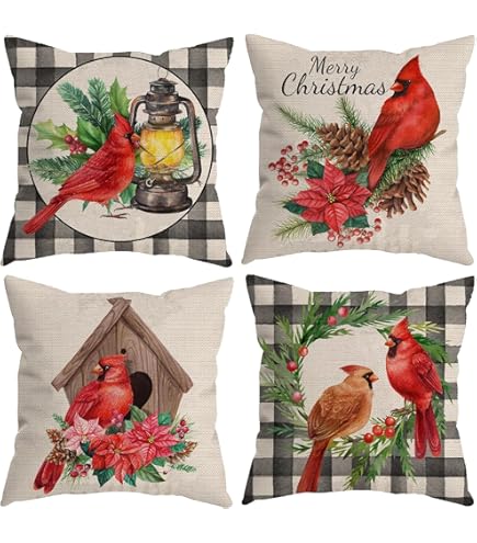 MaSiledy Fundas De Almohada Cuadradas De Terciopelo De 16 X 16 Pulgadas, Diseño De Pájaros Cardenales, Bayas Rojas, Para Invierno, Navidad, Diseño De Pájaros Vintage, Para Sofá, Cama, Sala De Estar