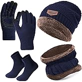 Shyyween 4 Pcs Winter Knit Beanie Hat Neck Warmer Scarf Touch Screen Gloves and Sock Set Fleece Lined Skull Cap for Men Women