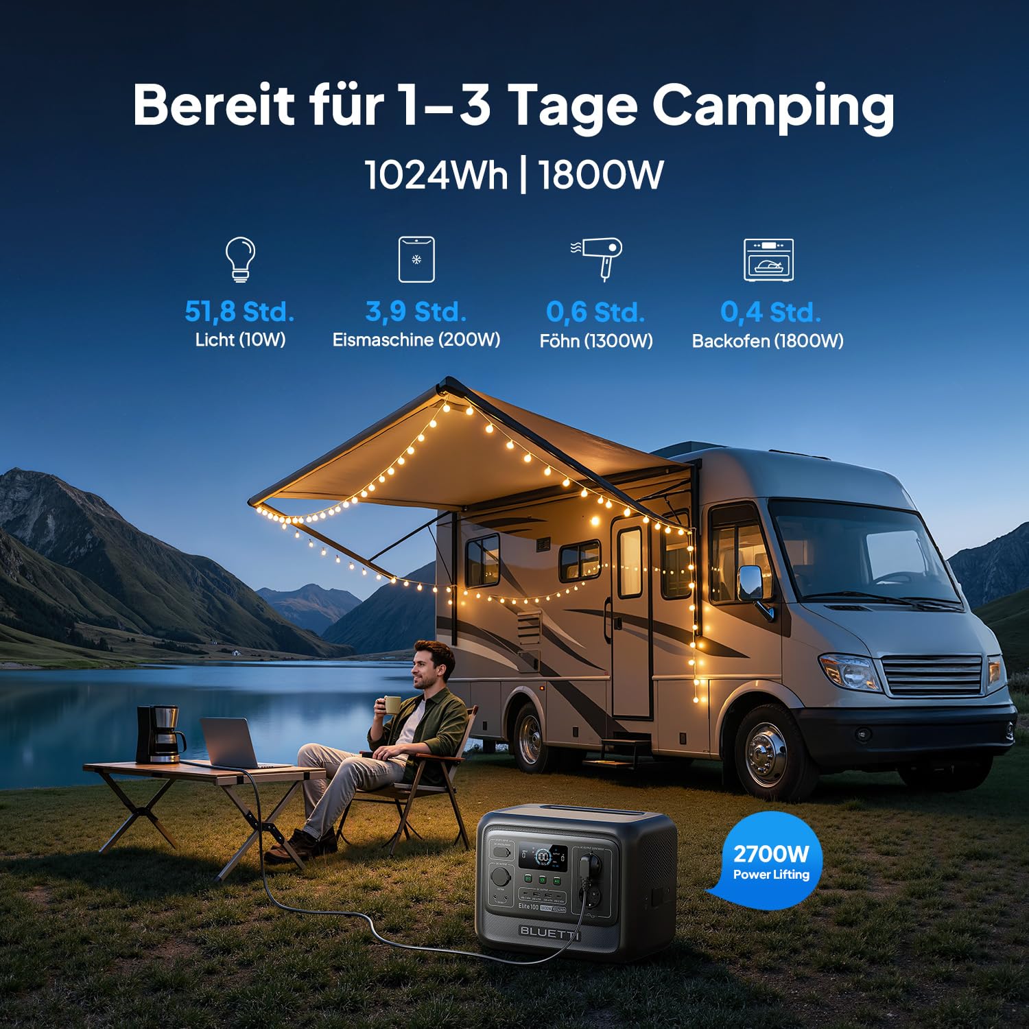 BLUETTI Elite 100 V2 (2025 Neu) Tragbare Power Station, 1024Wh LFP Batterie Backup mit 2 1800W AC Ausgängen (3600W Surge), 35% Kompakter, Solar Generator für Camping, Stromausfälle und Off-grid 2