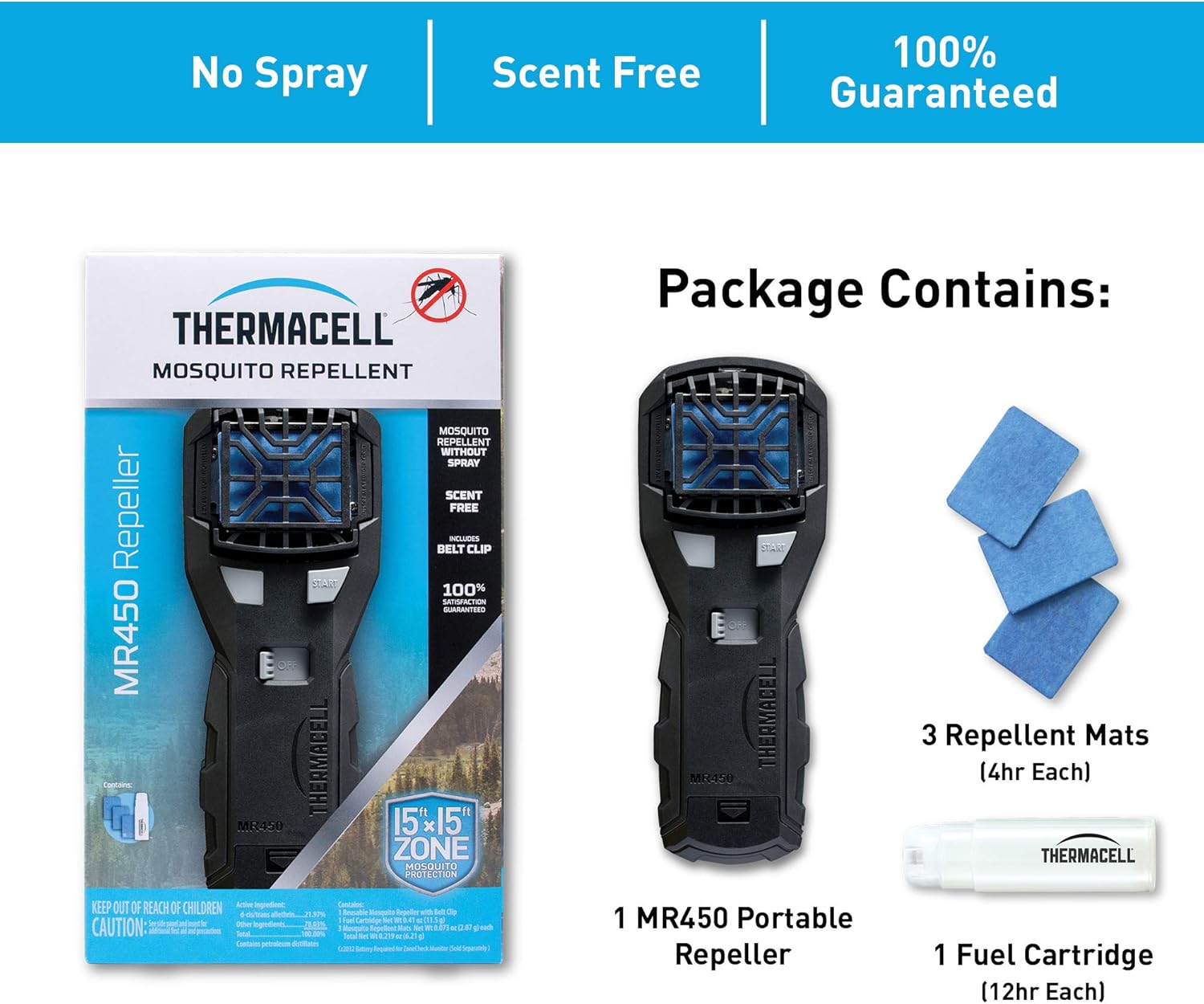 Thermacell MR450 Armored Portable Mosquito Repellent, Black; Features ZoneCheck, Quiet Ignition and Rubber Grip; Provides 15-Foot Zone of Mosquito Repellent; Long-Lasting Refills; No Spray or Scent : Sports & Outdoors