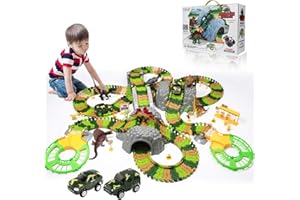 TEMI Dinosaur Train Toys for Kids 3 4 5 6 7 Years, Longer Track, 6 Realistic Jurassic Dino Figures, 2 Electric Toy Car, Twisted Flexible Train Track Set for Toddlers, Boys & Girls