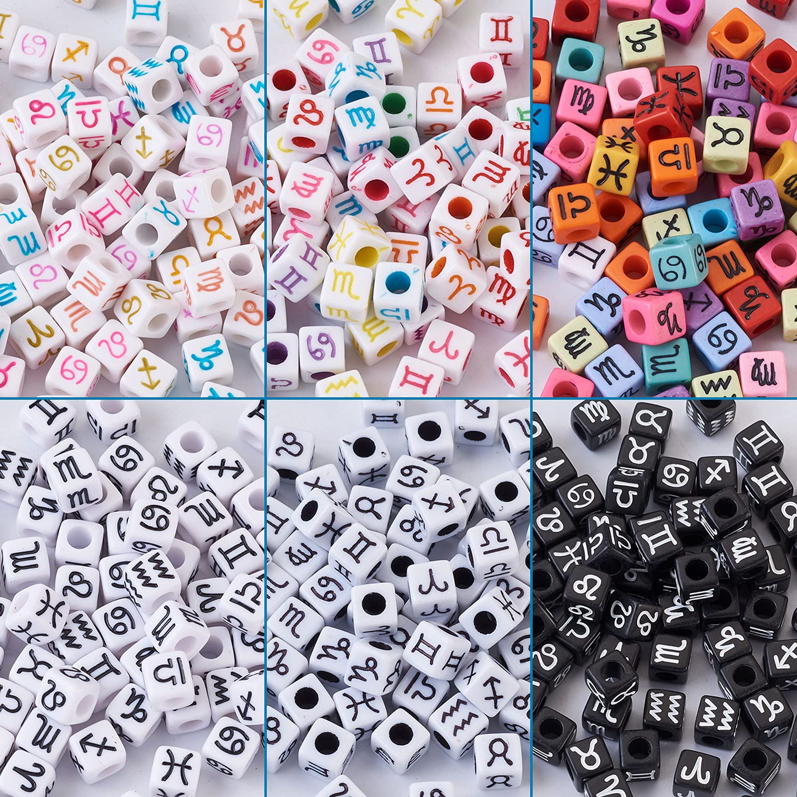 PandaHall 480pcs Acrylic Cube Constellation Beads Large Hole Cube Beads Zodiac Beads for Jewelry Making Crafts