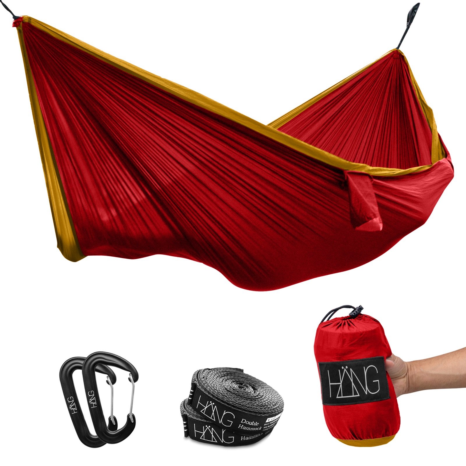 Hang, (double) hammock made of parachute silk 300 cm x 170 cm Holds up to 200 kg including suspension, Bordeaux & Gold