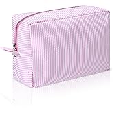 Sunnymove Makeup Bag, Cute Stripe Cosmetic Pouch for Women Girl, Seersucker Organizer Toiletry Bag with Zipper, Portable Storage Pouch Daily for Purse, Brushes, Skin Care Product(Pink,1)