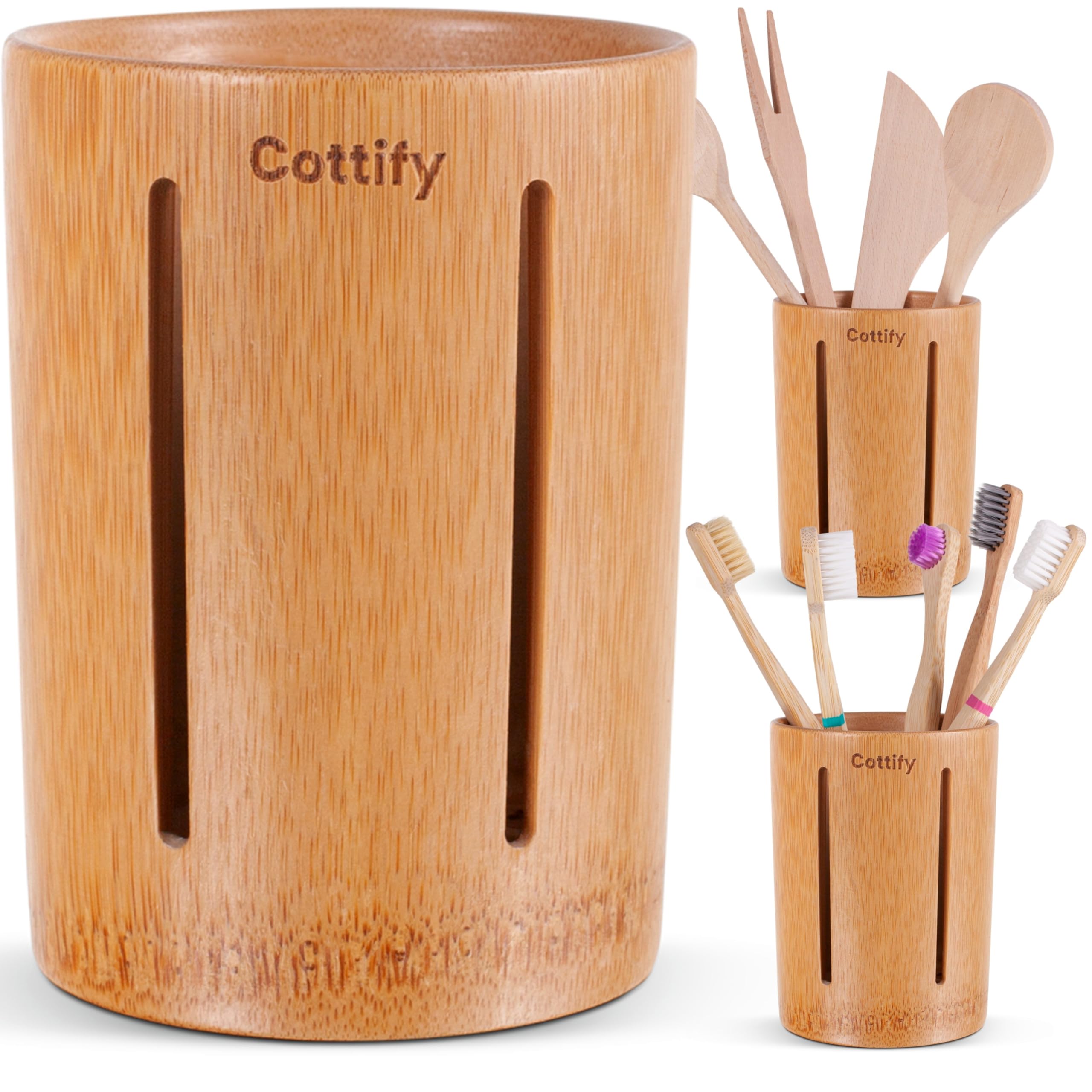 Photo 1 of Cottify Bamboo Toothbrush Holder with Drainage, Quick Drying Bathroom Cup Holder, Toothpaste Holder, Wood Toothbrush Drainer, Stripes Glossy