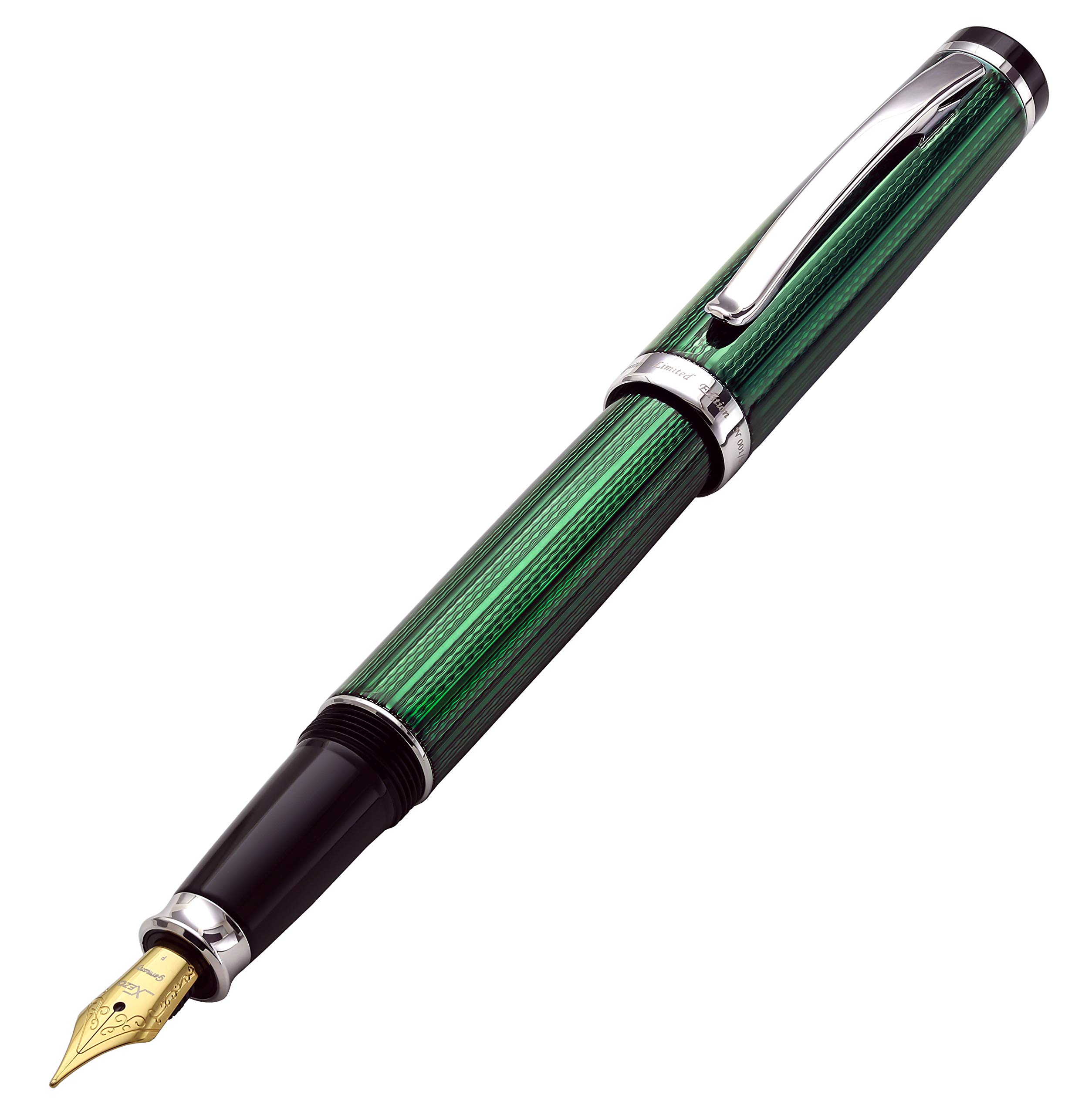Xezo Incognito Fountain Pen, Fine Nib. Forest Green Layered Lacquer with Pure Platinum Plating. Handcrafted and Guilloche Engraved. Limited Edition, Serialized