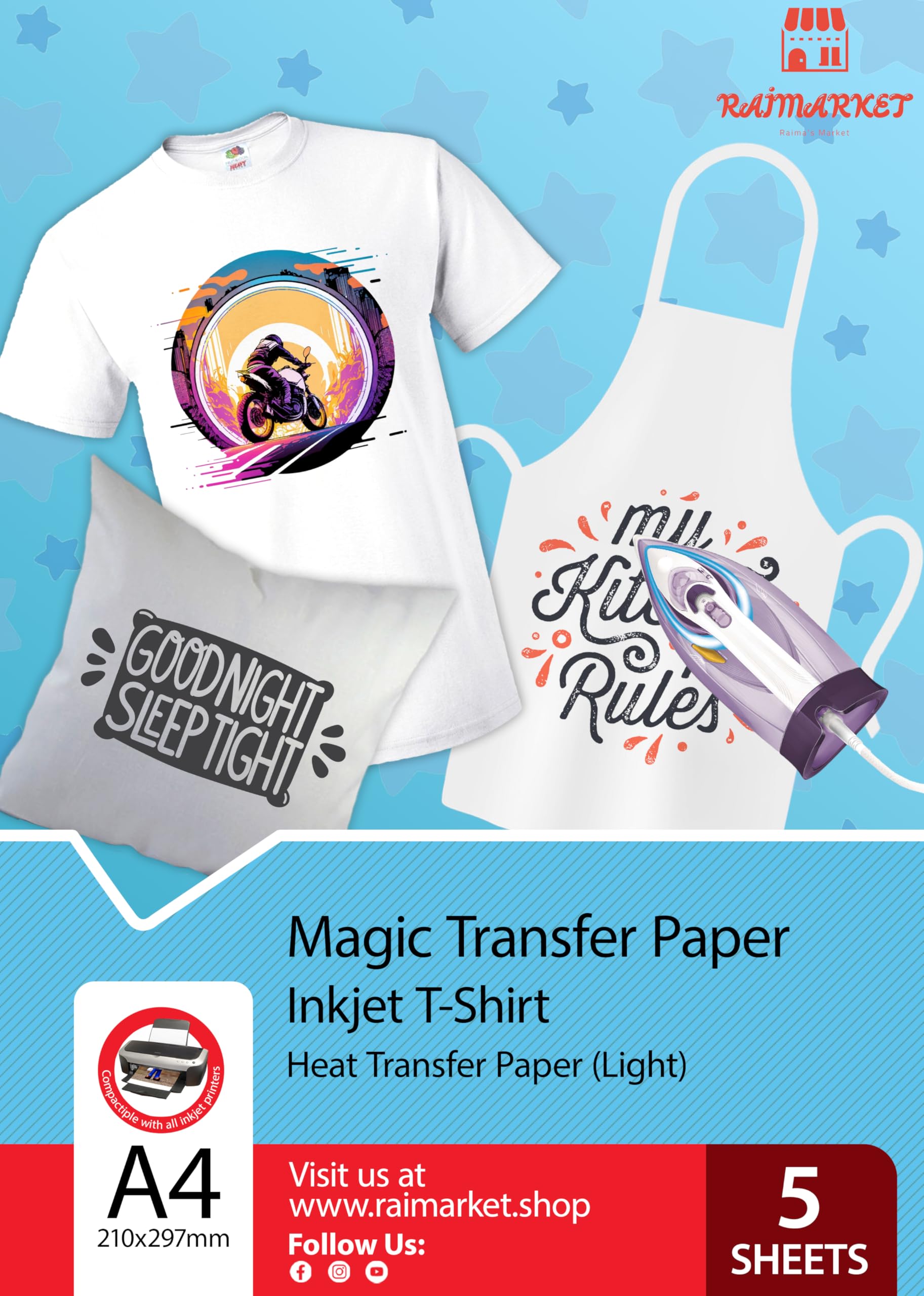 Raimarket A4 Heat Transfer Paper - 5 Sheets | Printable Vinyl for T-Shirt Printing, Iron-On Sheets for Light Fabrics, Create Custom Tees & Personalized Gifts with Printable Vinyl