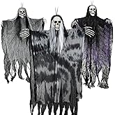 LOQOMI 3 Pack Hanging Halloween Skeleton Ghost Decorations, 49.2" Large Grim Reaper with Adjustable Arms and 2 Pcs 31.4" Flying Skull Ghosts for Indoor Outdoor Yard Porch Tree Haunted House Decor