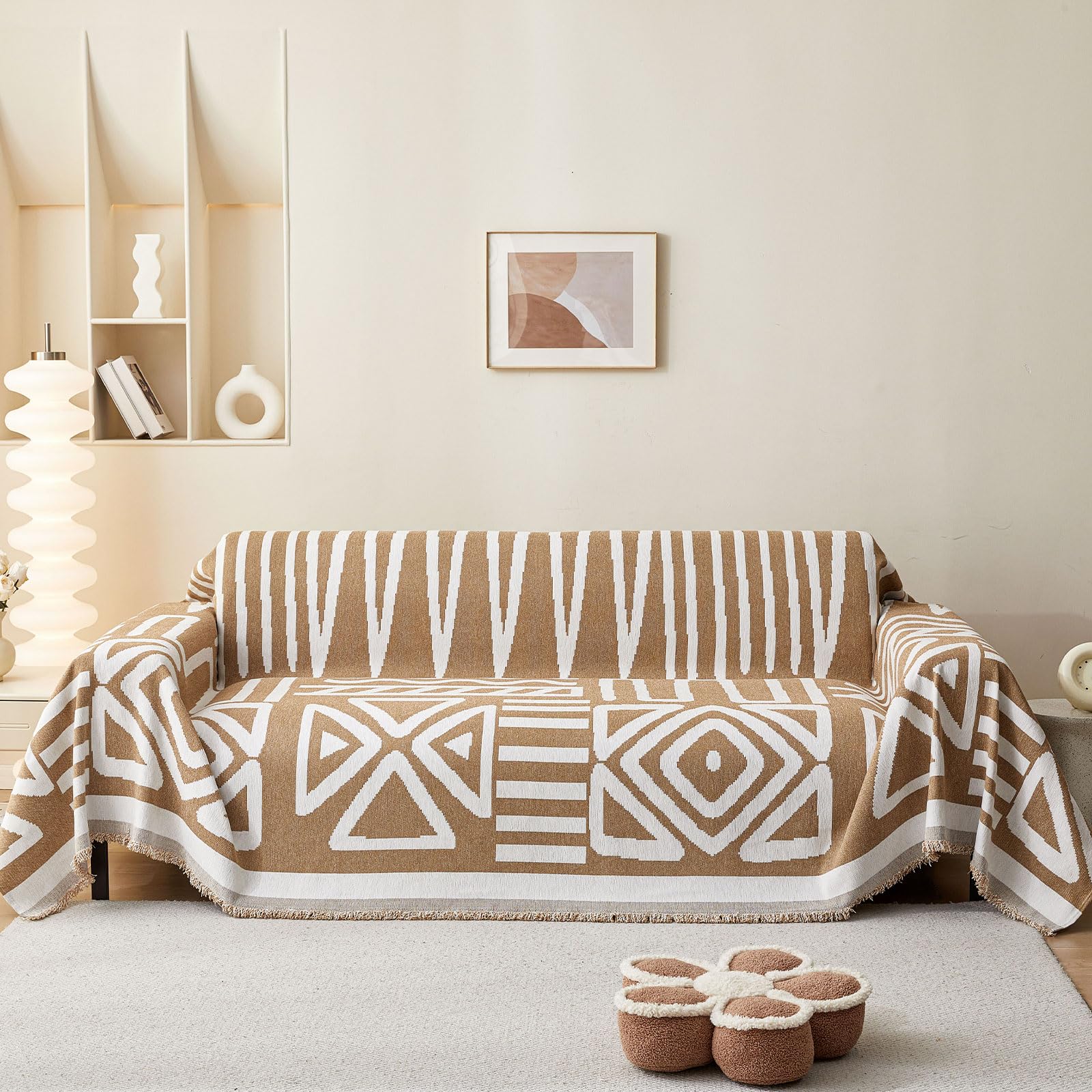 SHANNA Boho Sofa Cover for 2 3 4 Seater, Chenille AB Sided Slipcover for Corner Sofa, All-Season Protection Couch Cover for Dogs, Couch Protector Loveseat Futon Cover L Shaped Sofa Cover with Tassel