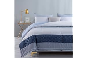 SLEEPBELLA Comforter Queen Size, 600 Thread Count Cotton White and Navy Striped Patchwork Reversible Pattern Reversible Blue Comforter Set,Down Alternative Bedding Set 3Pcs (Queen, Blue Patchwork)