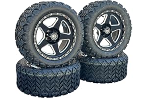 HUSKEY PARTS COMPANY 14 Inch Milled Spokes Glossy Black Warrior Golf Cart Wheels Set of 4, 23x10-14 All Terrain Tires, DOT Certified Golf Cart Tires and Wheels Compatible with EZGO,Club Car, YMH,5 or 6" Lift Kit Required